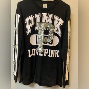 Victoria Secret Pink Black Silver Sequence Long Sleeve T-shirt Size XS